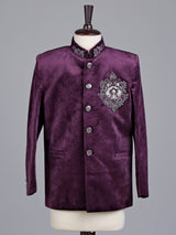 Wine velvet boys Jodhpuri suit with handcrafted crest motif