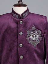 Wine velvet boys Jodhpuri suit with handcrafted crest motif