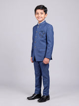 Blue terry rayon boys Jodhpuri suit with metallic brooch