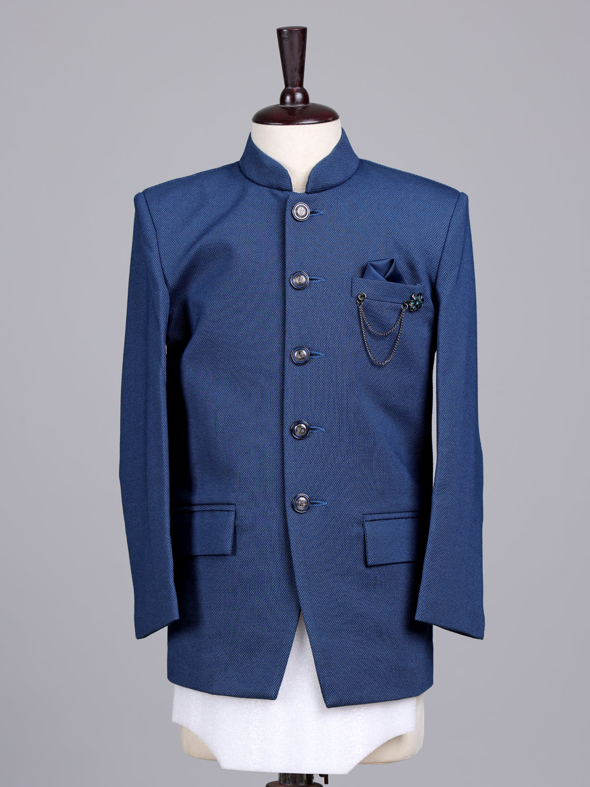 Blue terry rayon boys Jodhpuri suit with metallic brooch