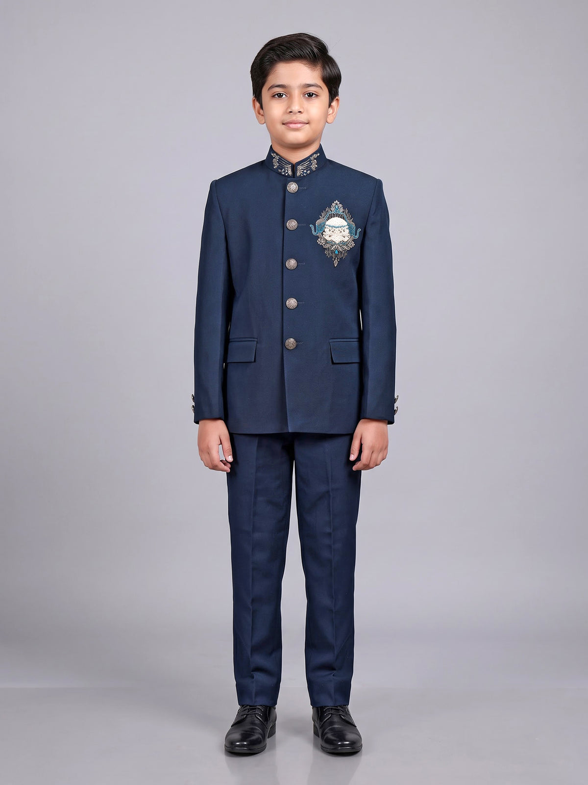 Navy terry rayon boys Jodhpuri suit with antique buttons