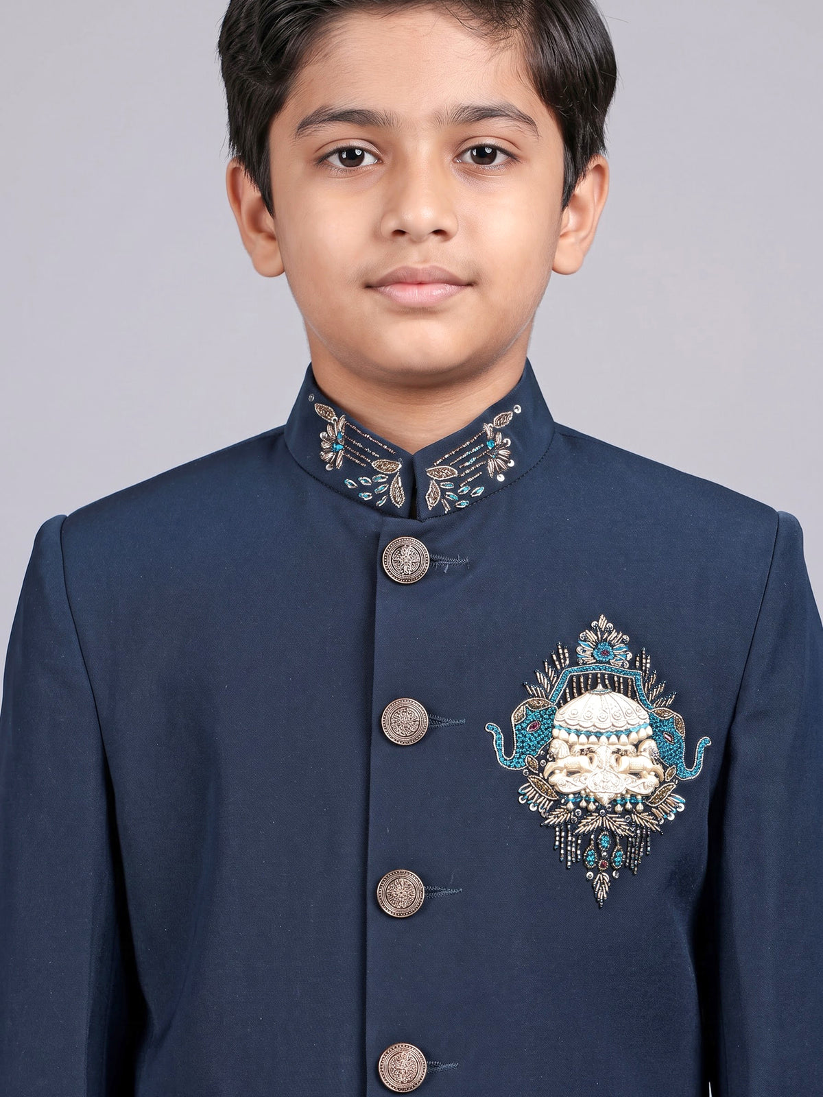 Navy terry rayon boys Jodhpuri suit with antique buttons