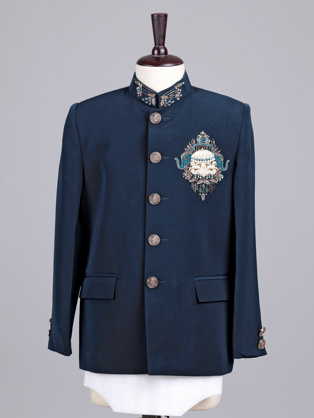 Navy terry rayon boys Jodhpuri suit with antique buttons
