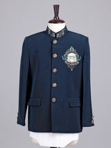 Navy terry rayon boys Jodhpuri suit with antique buttons