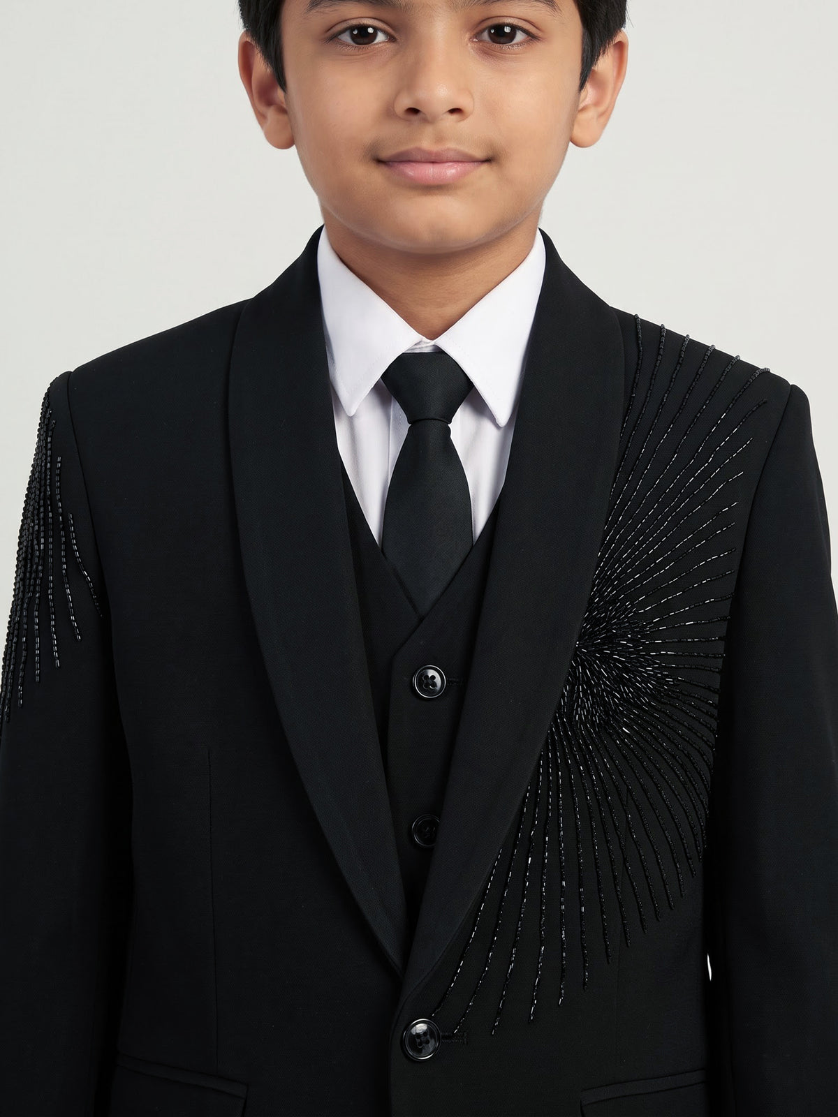 Black cotton blend boys coat suit with cutdana embellishment