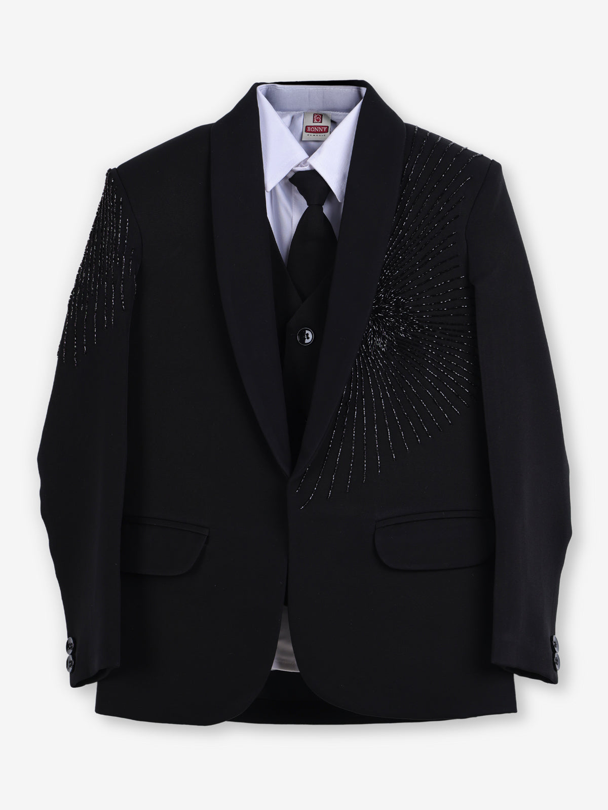 Black cotton blend boys coat suit with cutdana embellishment