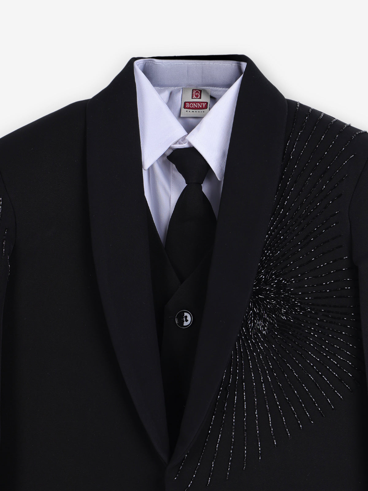 Black cotton blend boys coat suit with cutdana embellishment