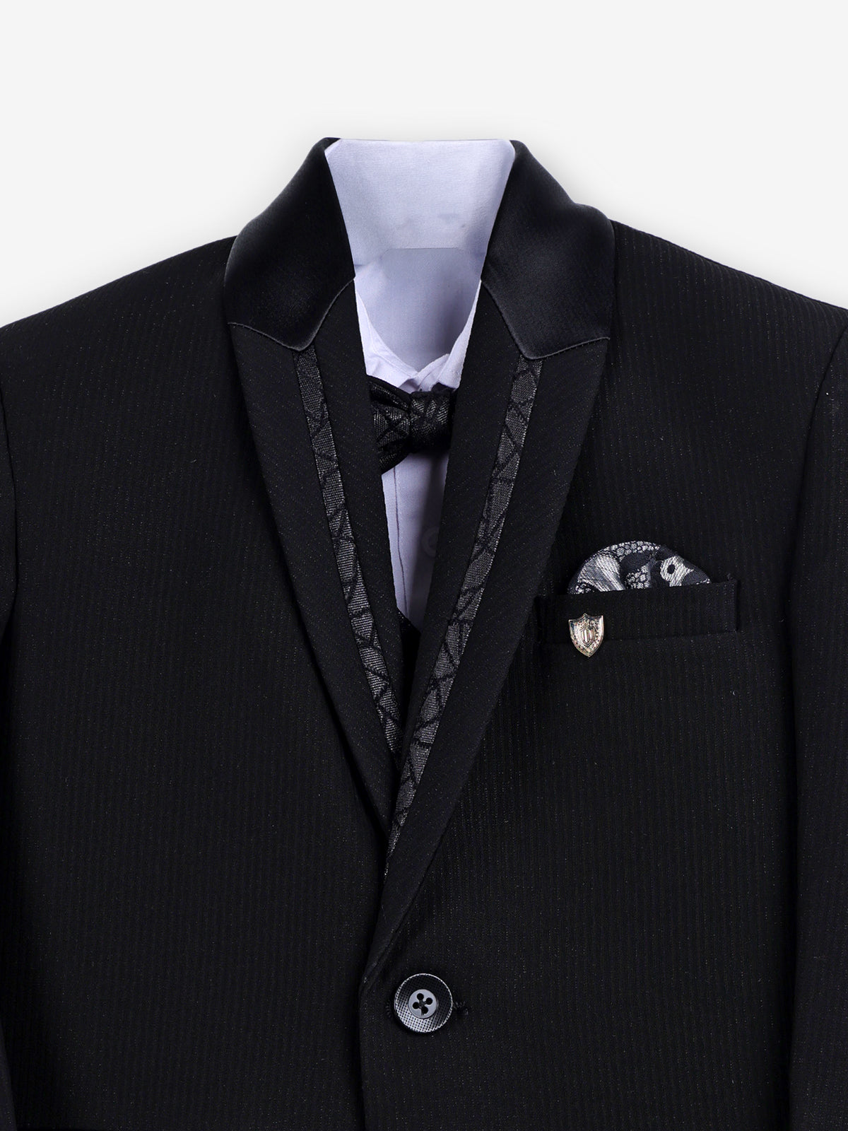 Black cotton blend boys coat suit with bowtie details