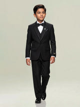 Black terry rayon boys coat suit with peak lapel details