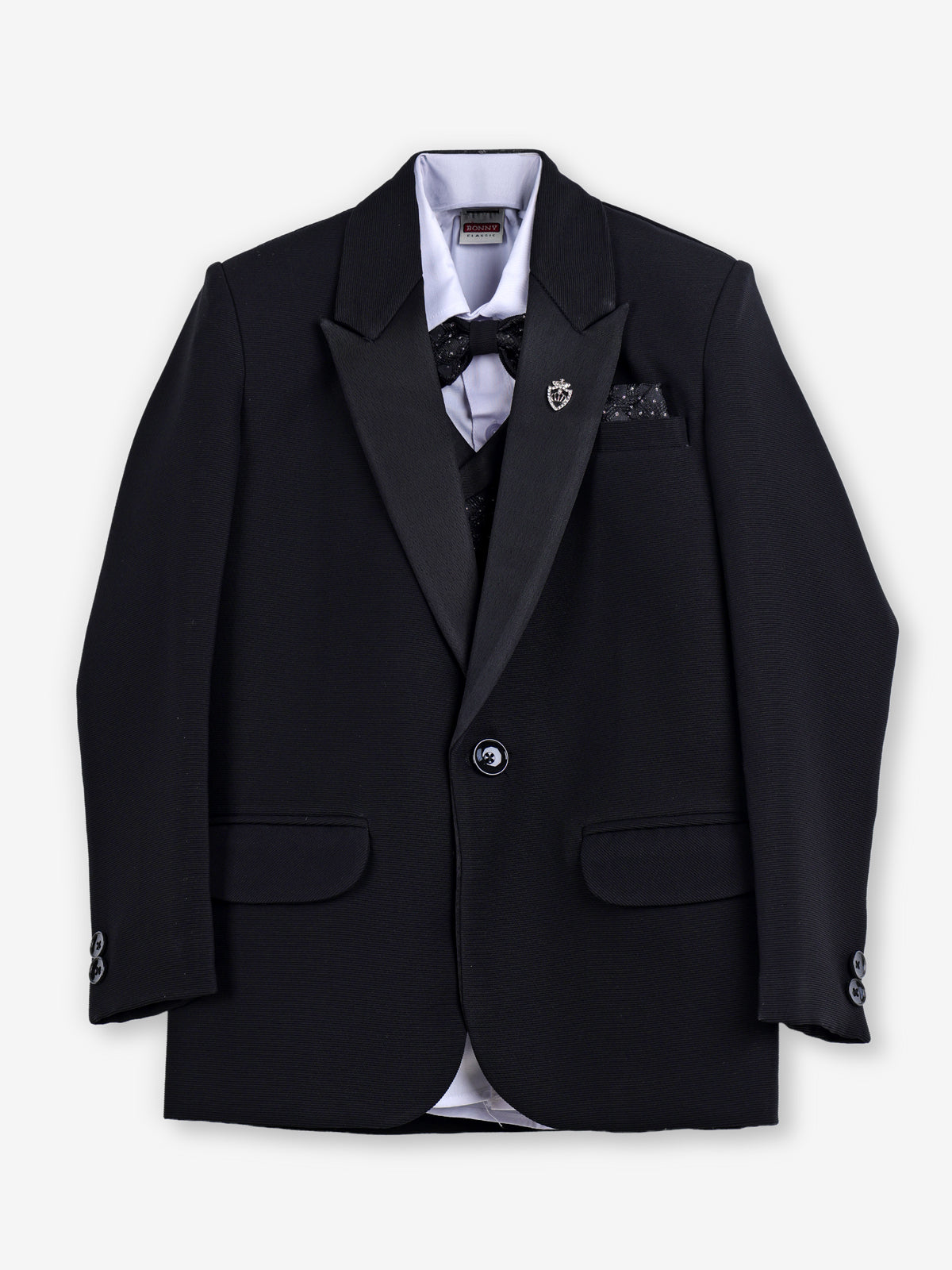 Black terry rayon boys coat suit with peak lapel details