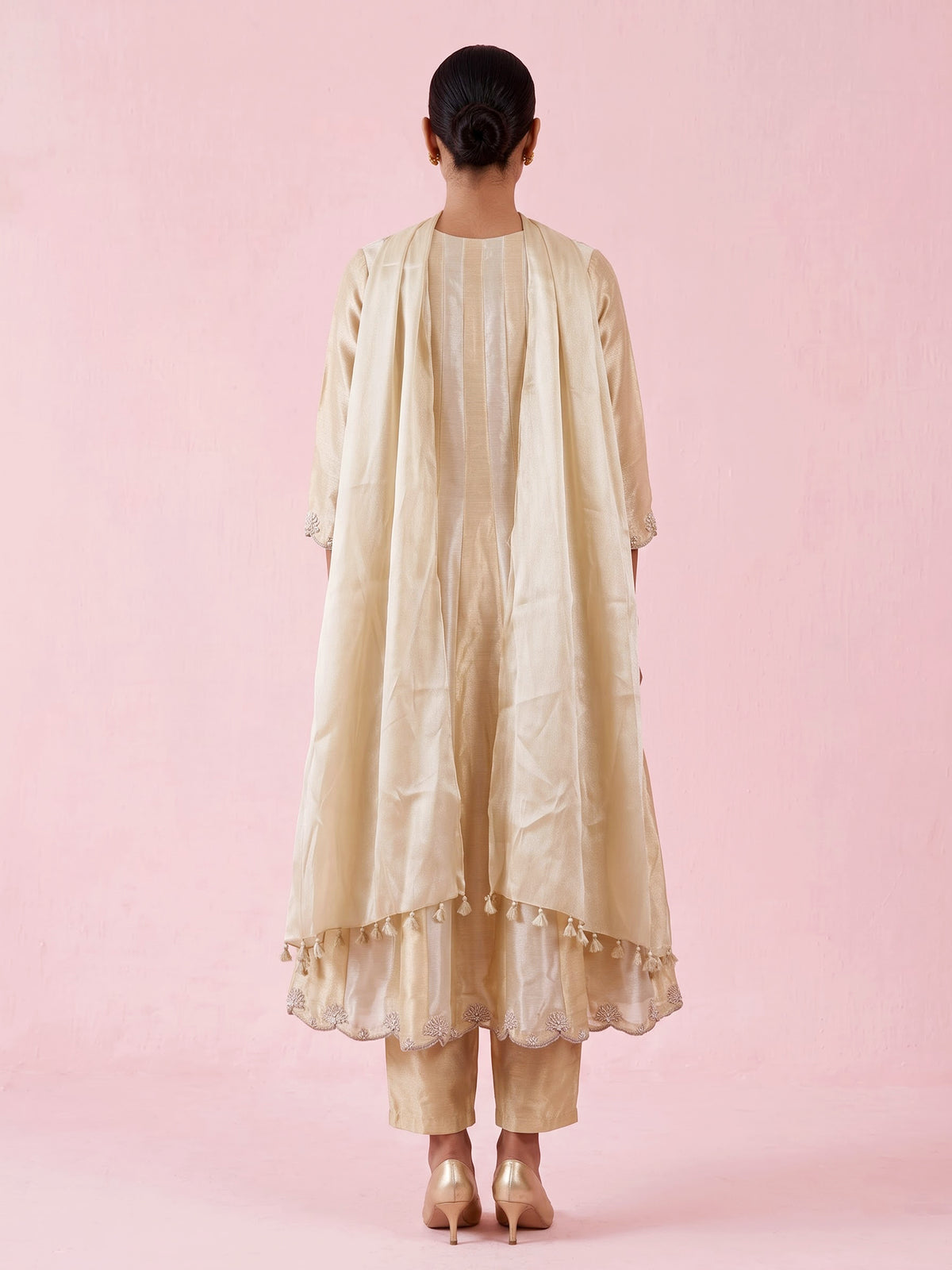 Cream silk anarkali suit with yoke style and dupatta