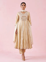 Cream silk anarkali suit with yoke style and dupatta