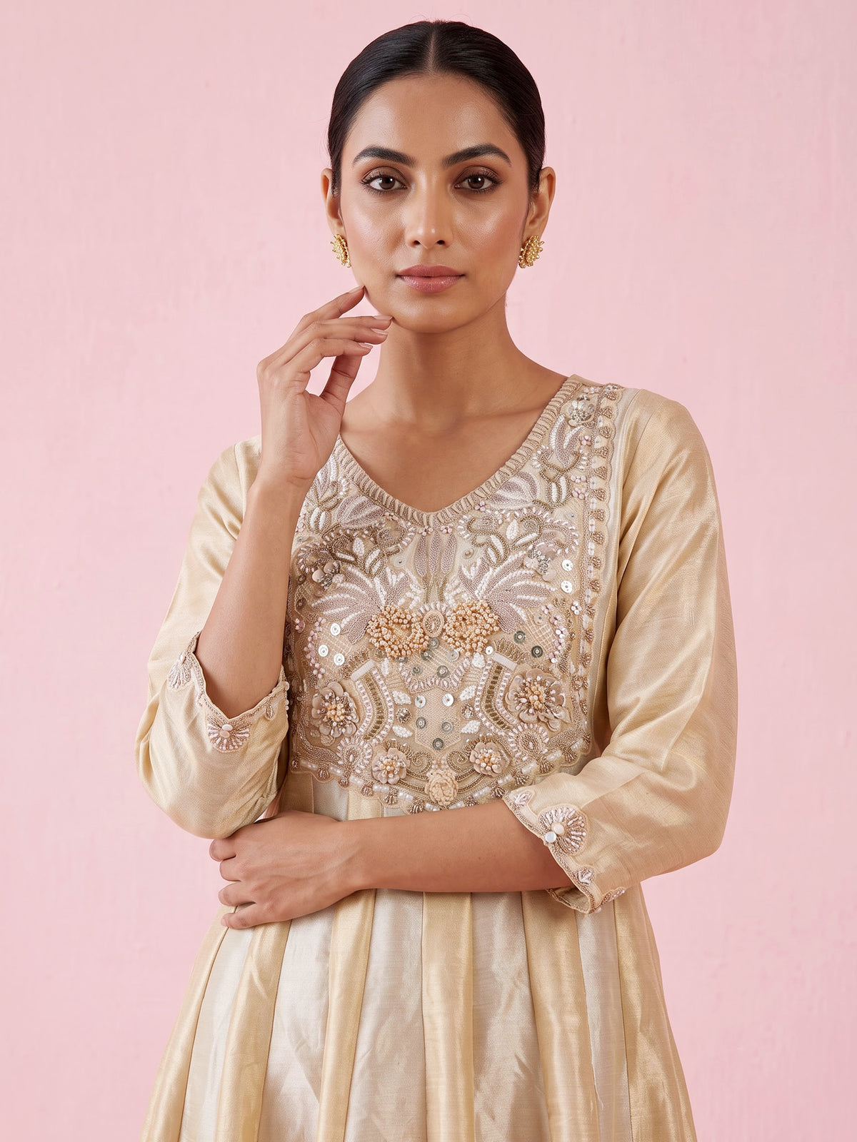Cream silk anarkali suit with yoke style and dupatta