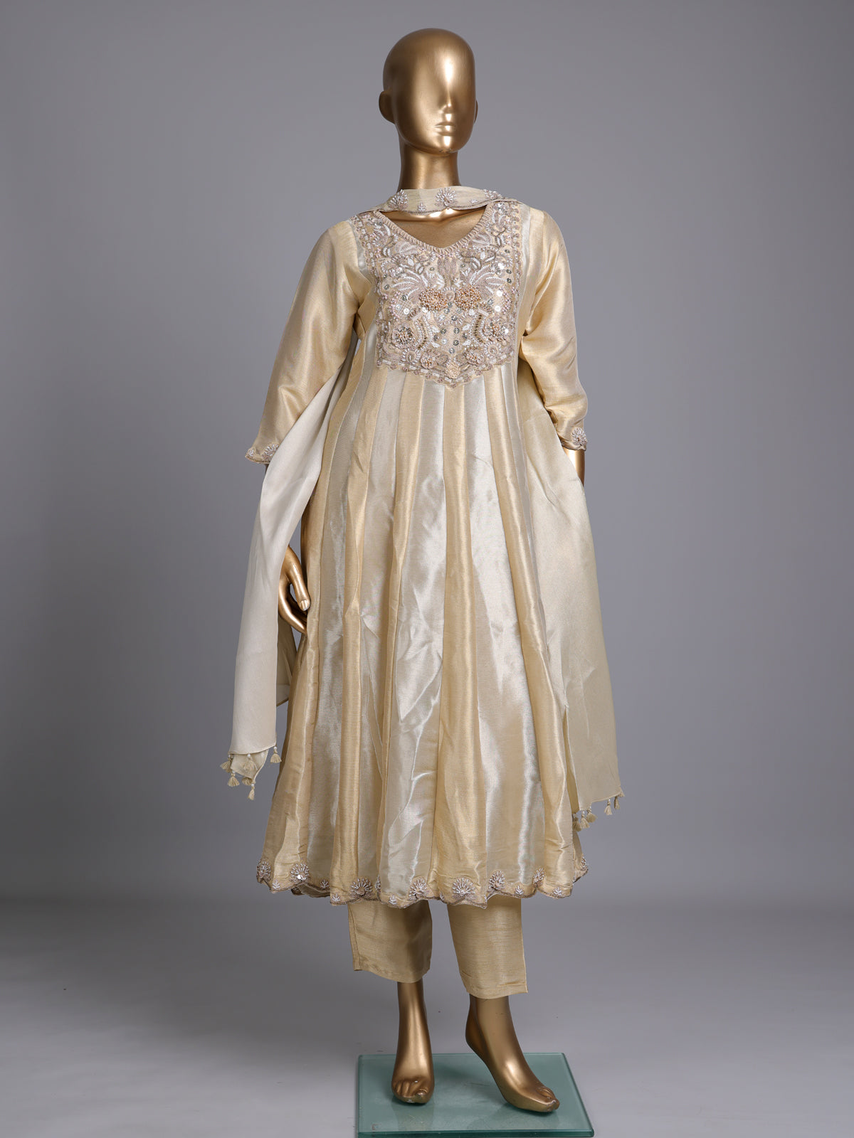 Cream silk anarkali suit with yoke style and dupatta
