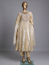 Cream silk anarkali suit with yoke style and dupatta