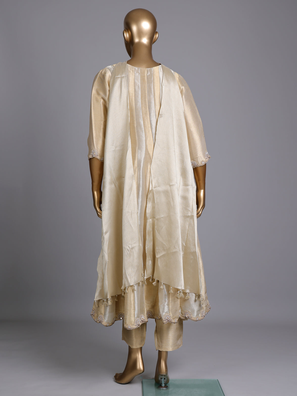 Cream silk anarkali suit with yoke style and dupatta