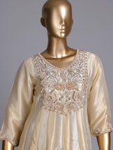 Cream silk anarkali suit with yoke style and dupatta