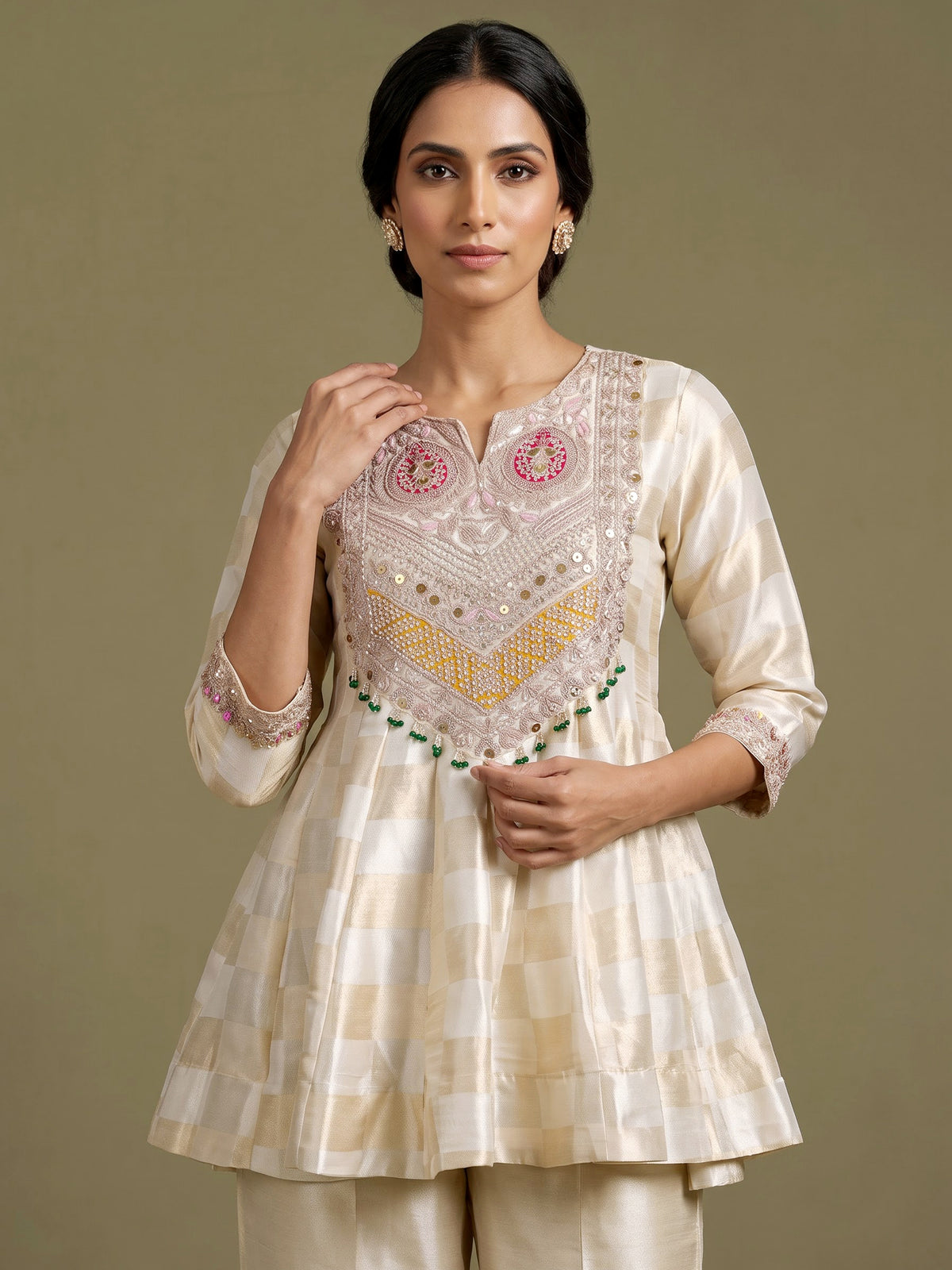 cream silk U neck anarkali suit with yoke style and dupatta