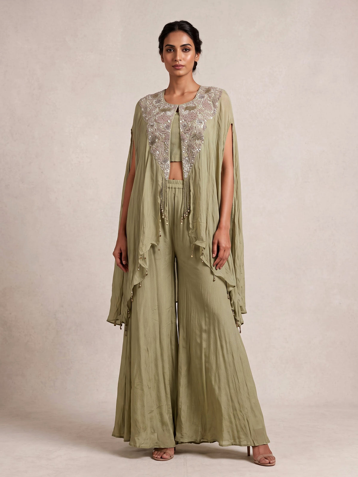 Sage green chiffon silk designer palazzo suit with tassel detailing