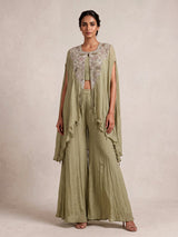 Sage green chiffon silk designer palazzo suit with tassel detailing