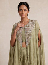 Sage green chiffon silk designer palazzo suit with tassel detailing