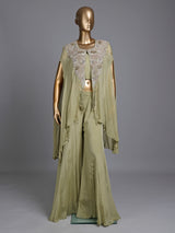Sage green chiffon silk designer palazzo suit with tassel detailing
