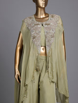 Sage green chiffon silk designer palazzo suit with tassel detailing