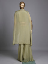 Sage green chiffon silk designer palazzo suit with tassel detailing