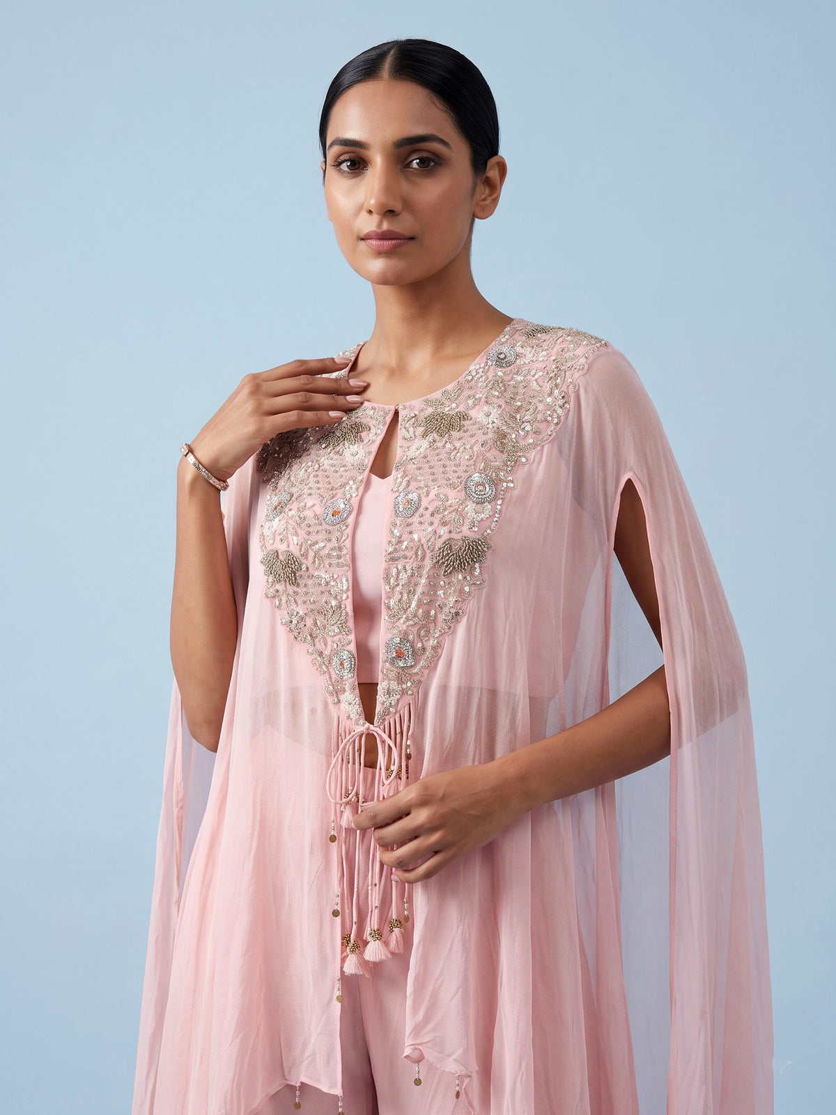 Light pink chiffon silk designer palazzo suit with embellishments