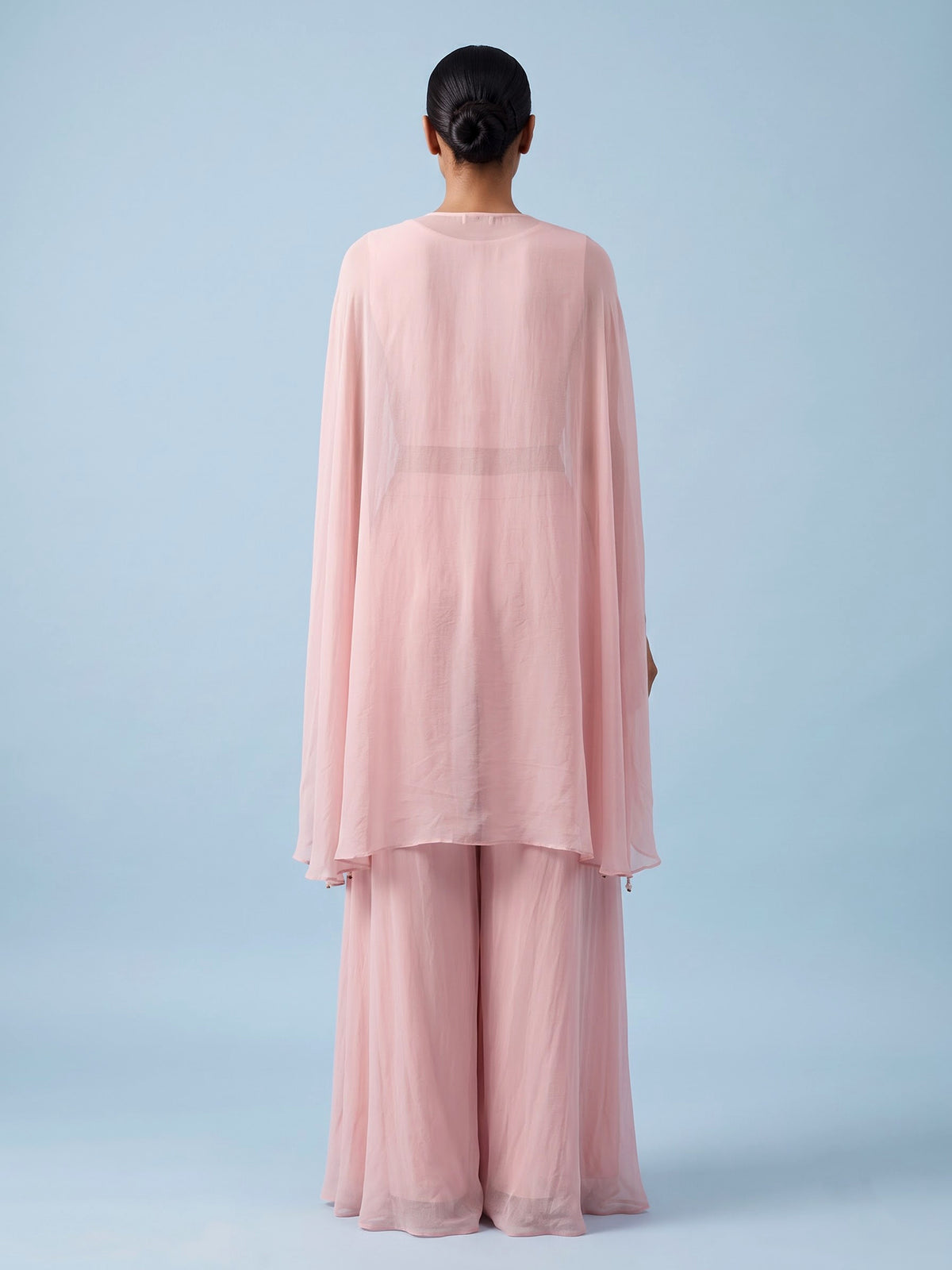 Light pink chiffon silk designer palazzo suit with embellishments