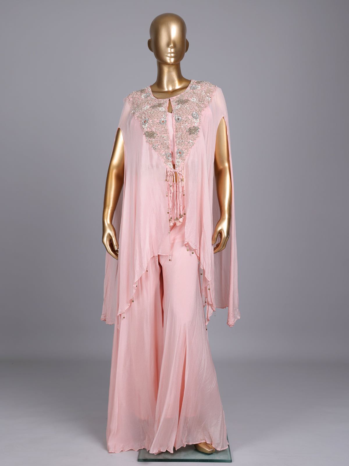 Light pink chiffon silk designer palazzo suit with embellishments