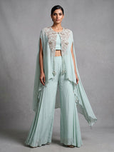 Mint green chiffon silk designer palazzo suit with embellishments