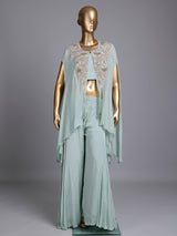 Mint green chiffon silk designer palazzo suit with embellishments