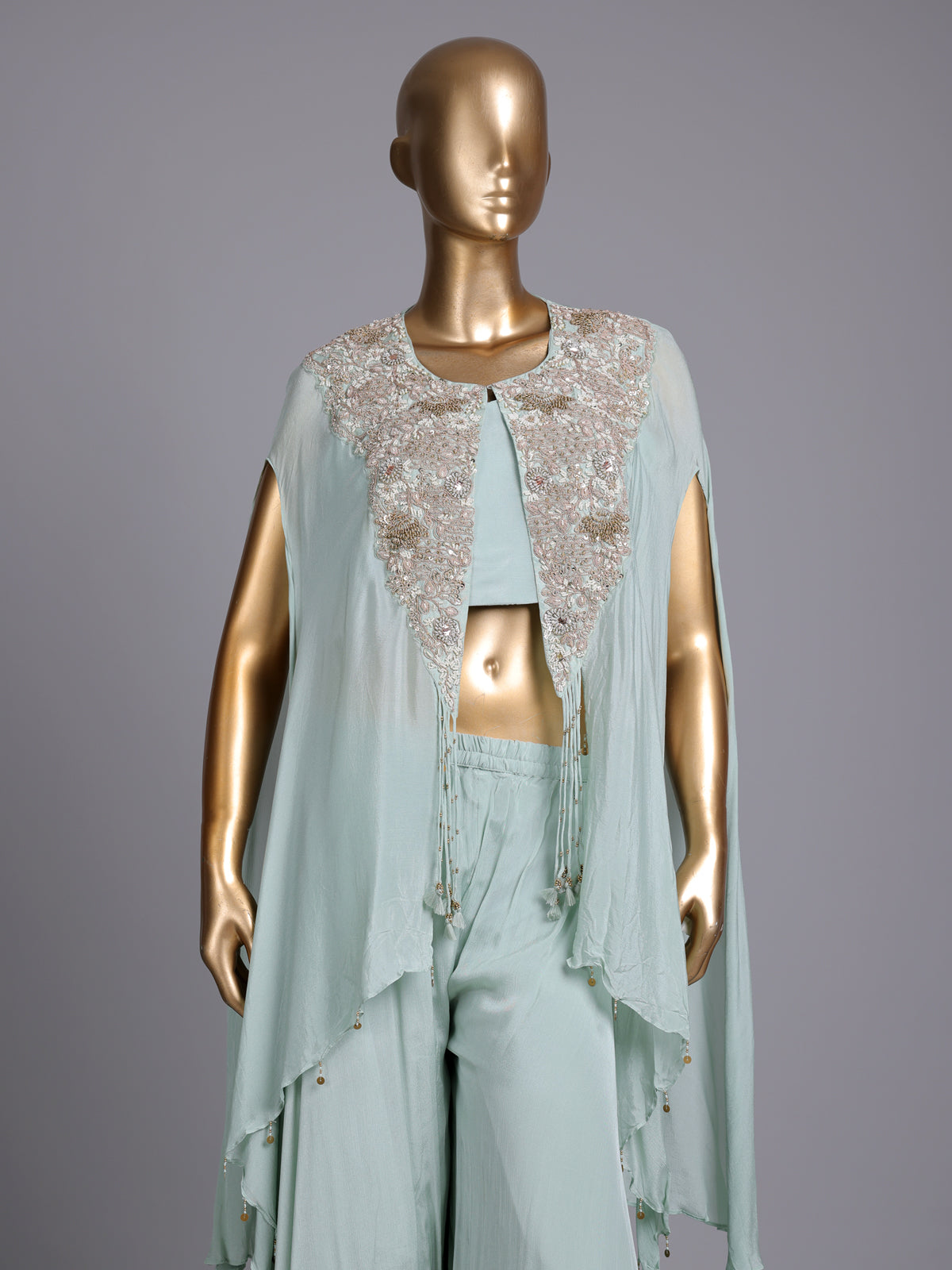 Mint green chiffon silk designer palazzo suit with embellishments