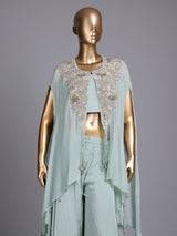 Mint green chiffon silk designer palazzo suit with embellishments