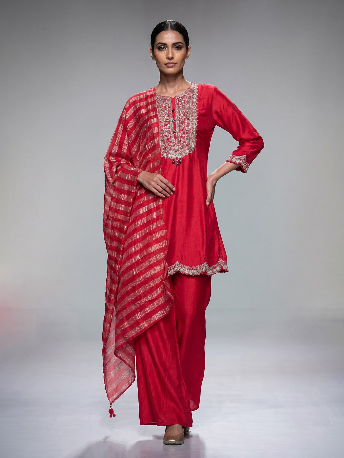 Red silk palazzo salwar suit with gota zardosi and thread embellishments