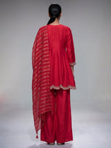 Red silk palazzo salwar suit with gota zardosi and thread embellishments