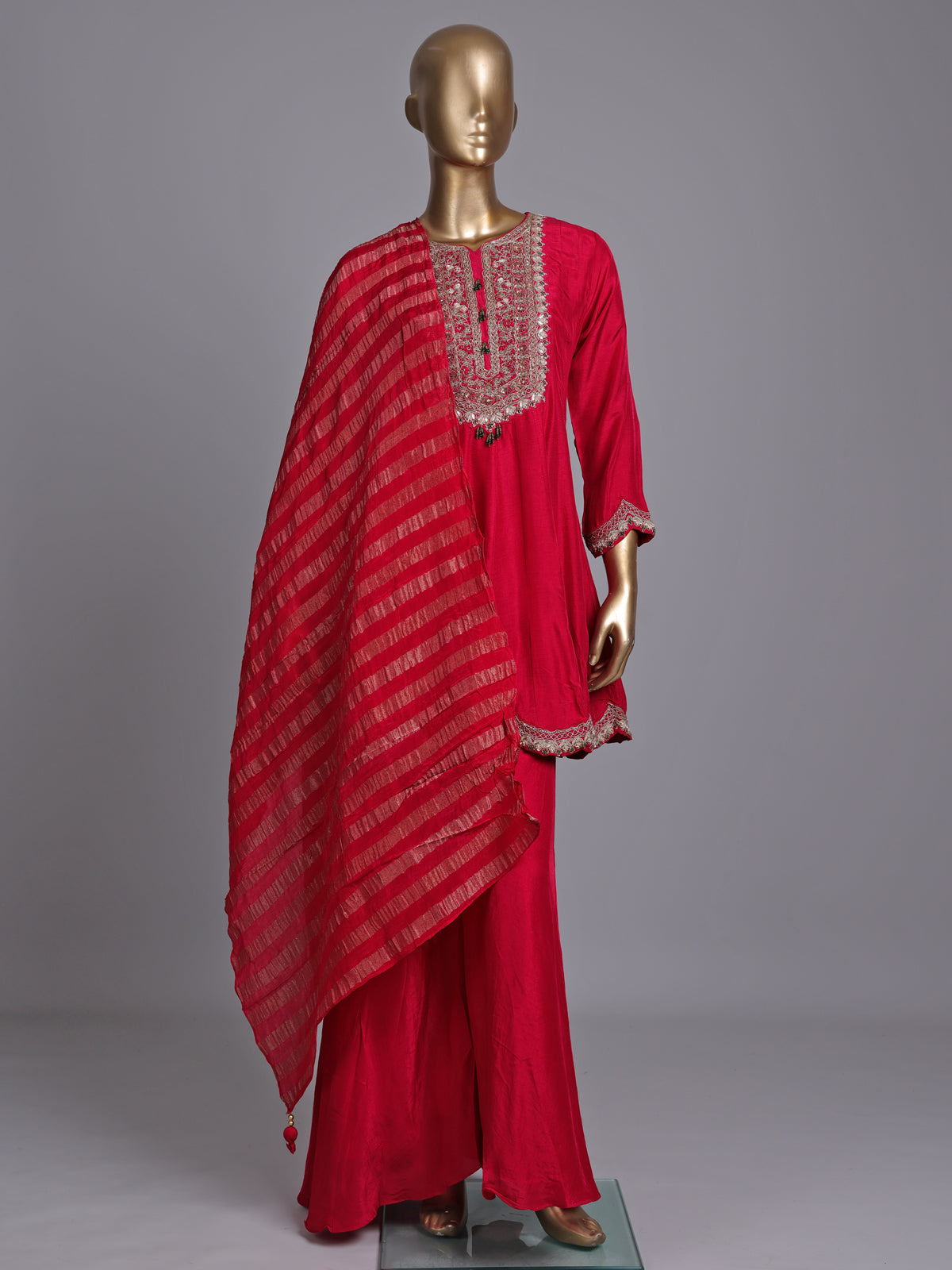 Red silk palazzo salwar suit with gota zardosi and thread embellishments