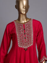 Red silk palazzo salwar suit with gota zardosi and thread embellishments