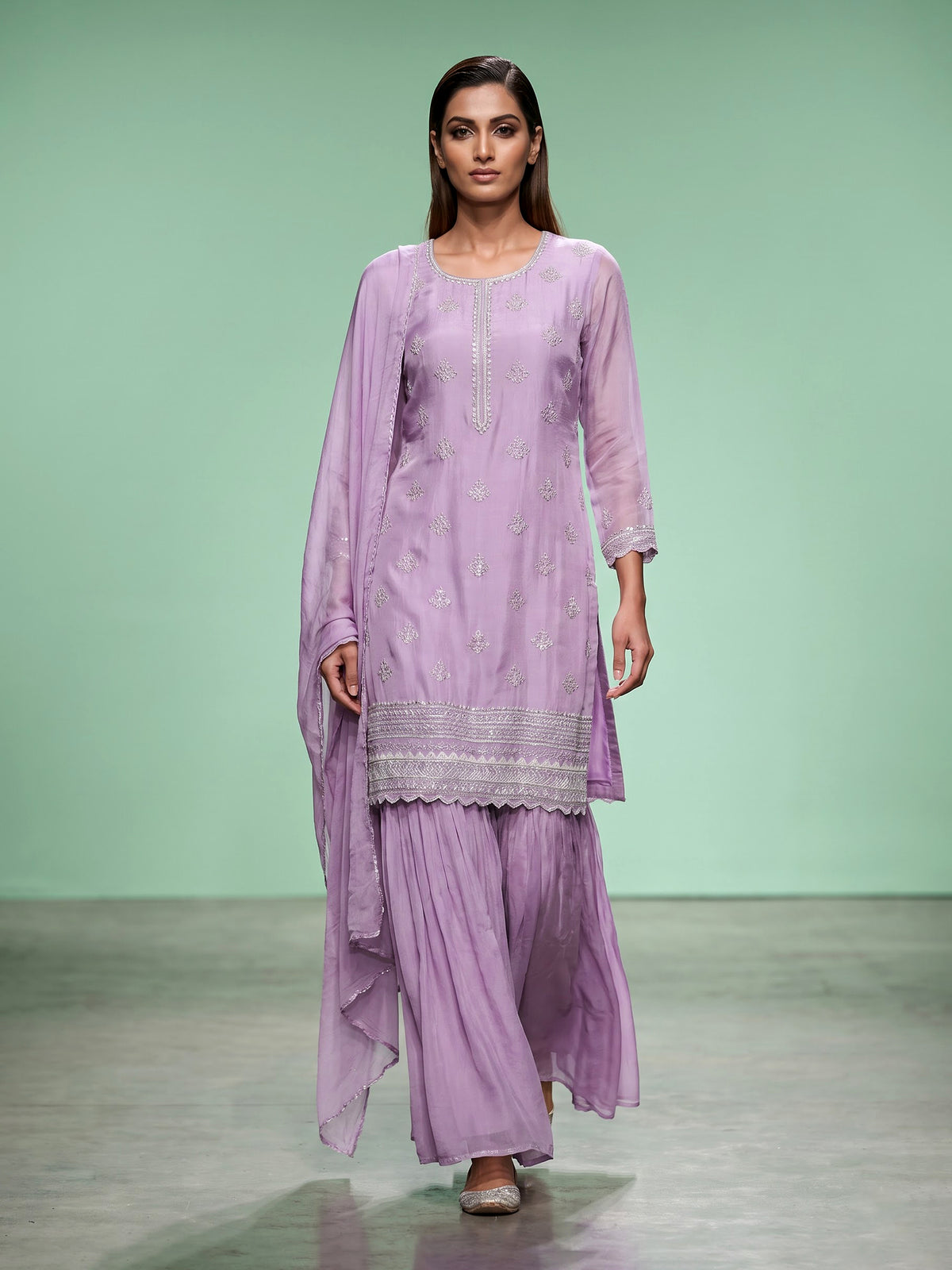 Lilac purple chiffon silk sharara suit with embellished dupatta