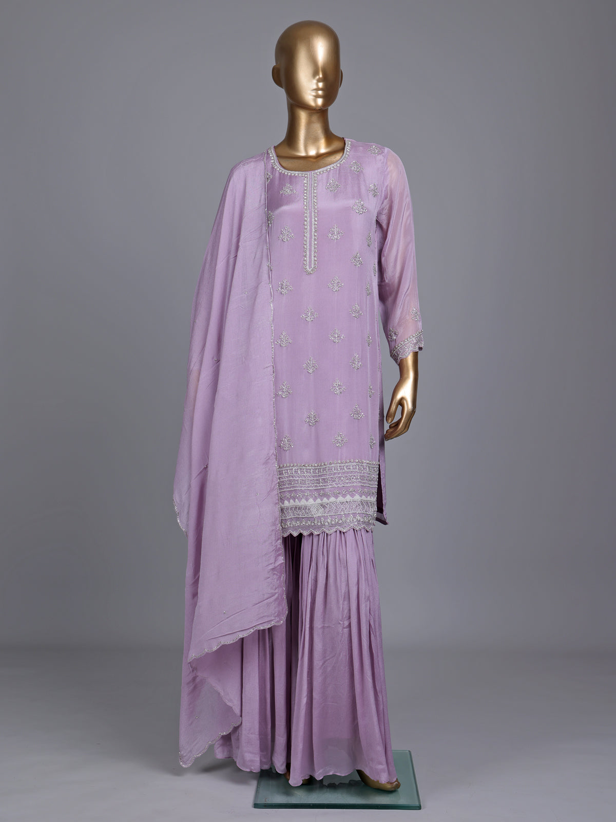 Lilac purple chiffon silk sharara suit with embellished dupatta