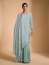 Pista green chiffon silk sharara suit with embellished dupatta