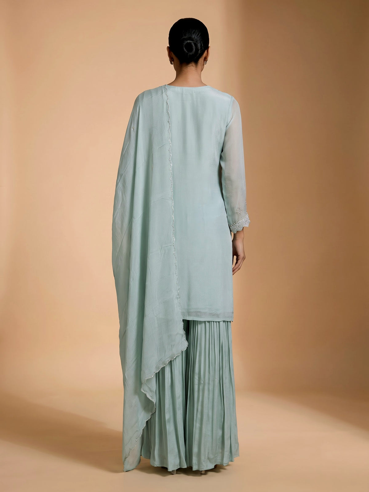 Pista green chiffon silk sharara suit with embellished dupatta