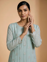 Pista green chiffon silk sharara suit with embellished dupatta