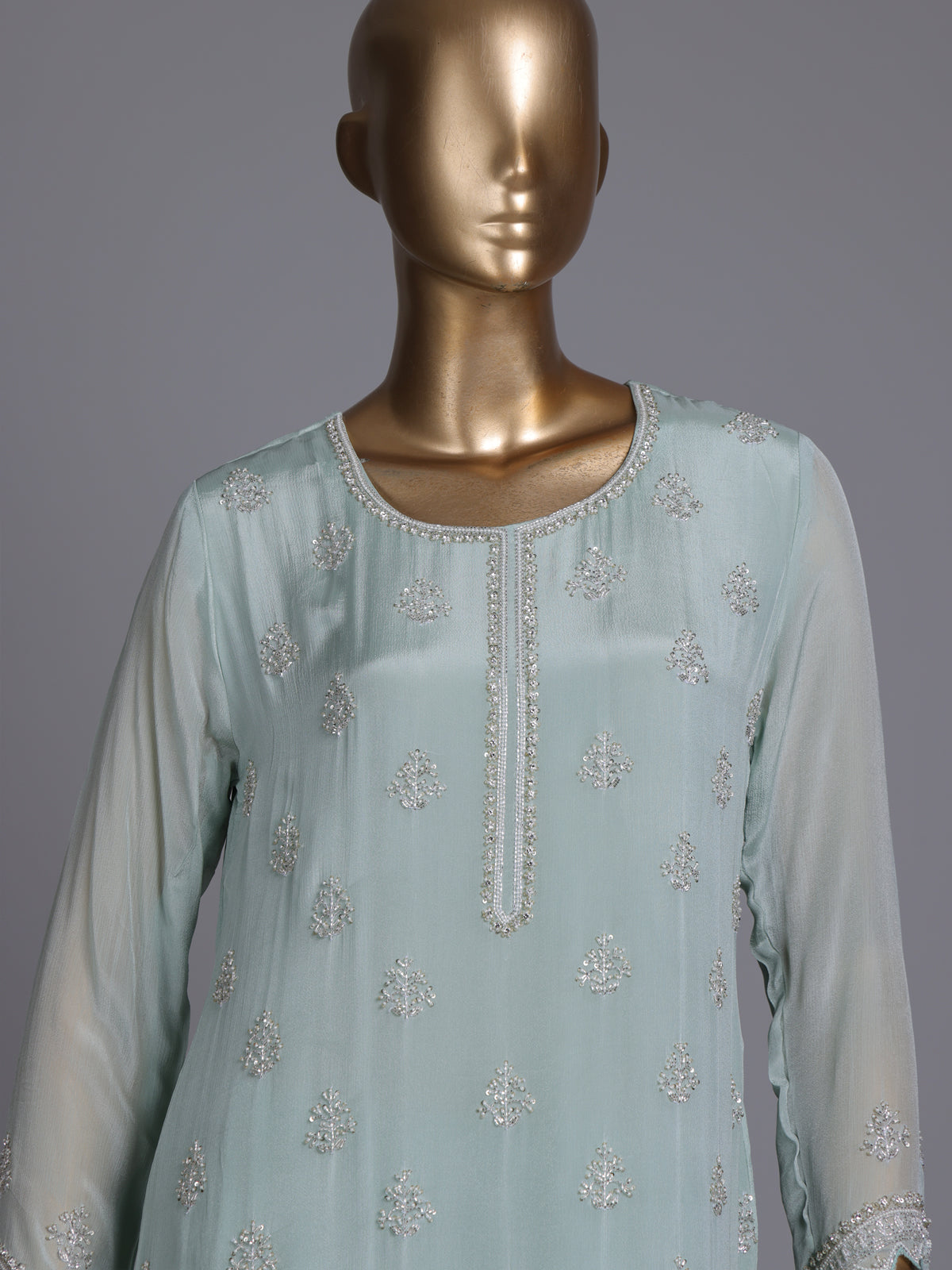 Pista green chiffon silk sharara suit with embellished dupatta