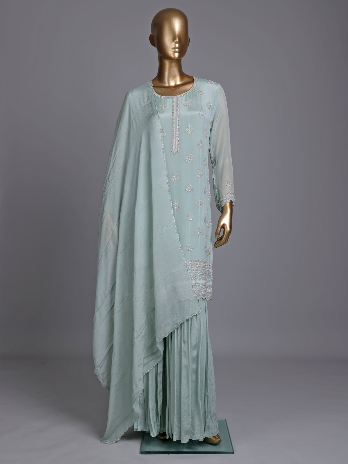 Pista green chiffon silk sharara suit with embellished dupatta