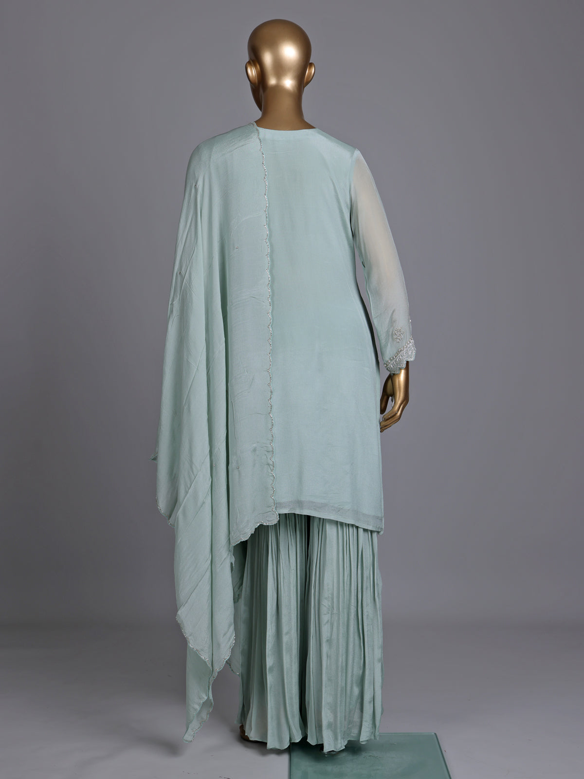 Pista green chiffon silk sharara suit with embellished dupatta