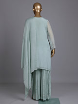 Pista green chiffon silk sharara suit with embellished dupatta