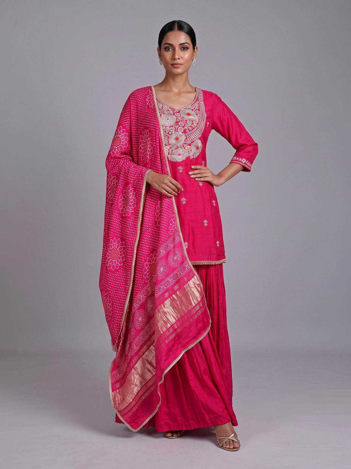 Rani pink silk yoke style palazzo suit with dupatta