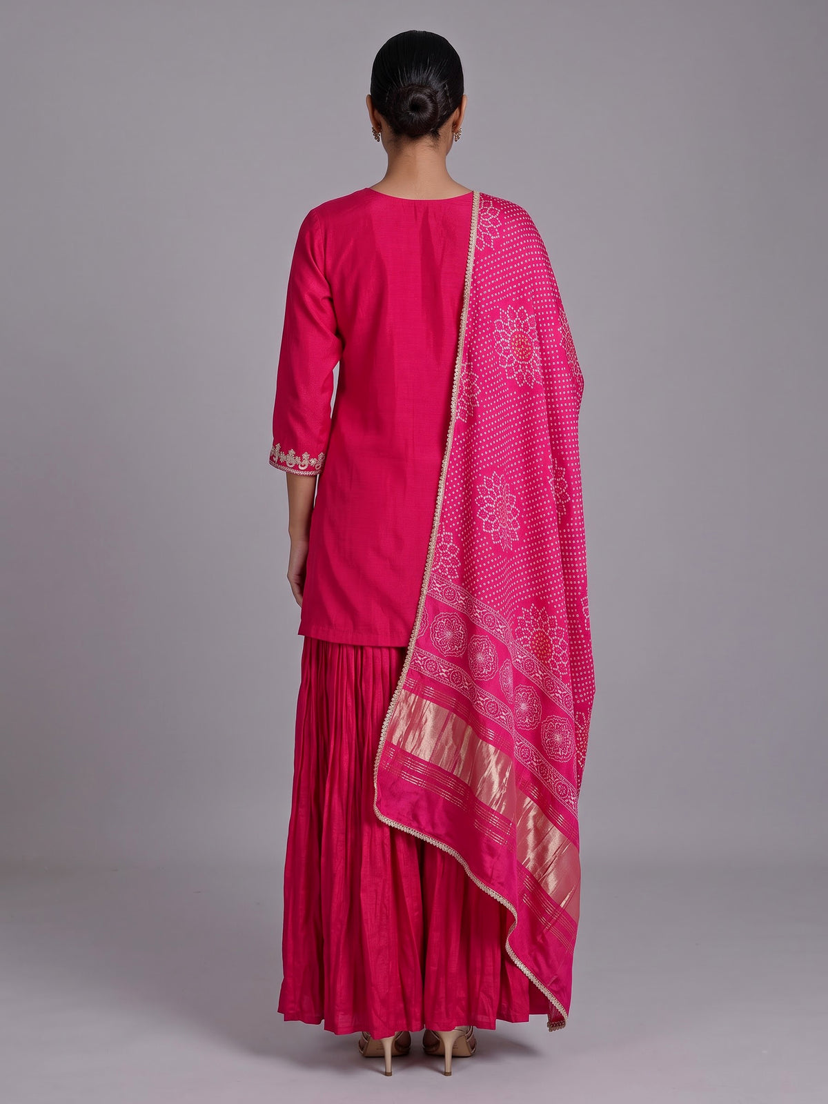 Rani pink silk yoke style palazzo suit with dupatta